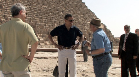 President Obama talks with Zahi Hawass on the north side of the Great Pyramid (June 4, 2009).