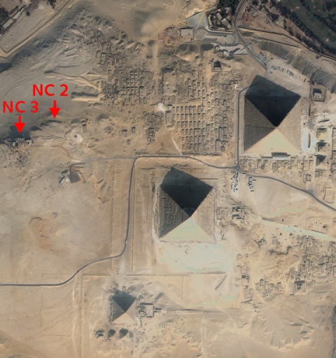 Figure 1. Quickbird satellite image of the Giza plateau, showing the location (marked in red) of two of the rock-cut tombs in the northern cliffs (January 5, 2009).